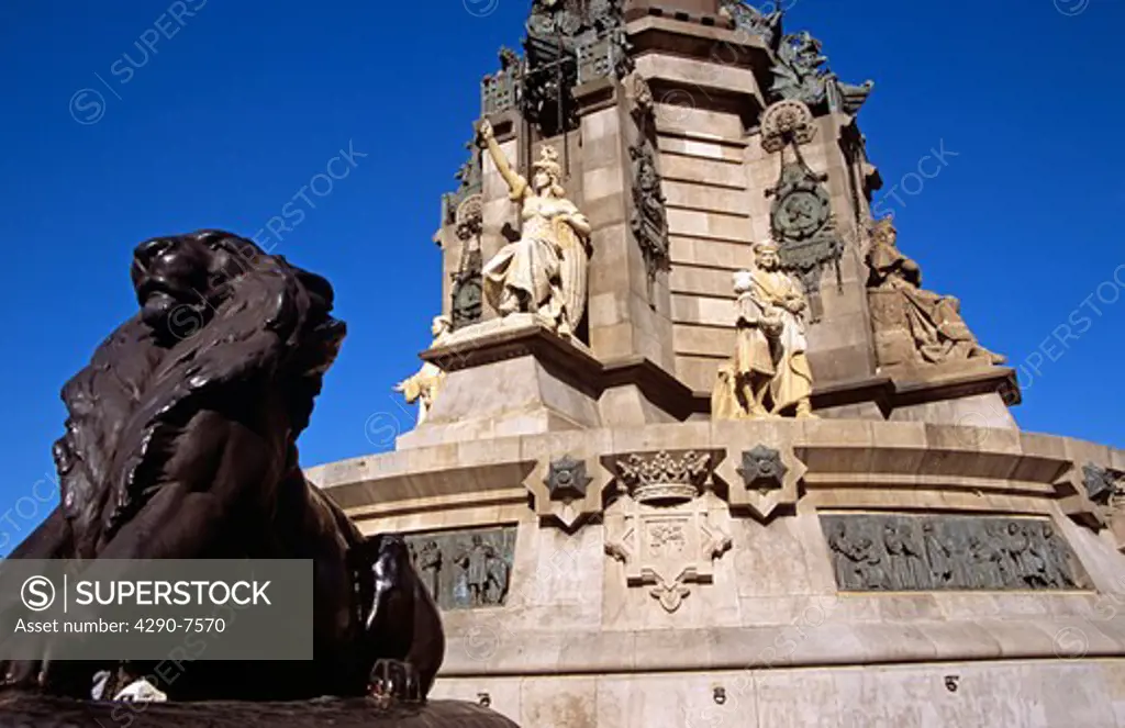 Monument a Colom, Christopher Columbus Monument, lion and statue detail, La Rambla, Barcelona, Spain