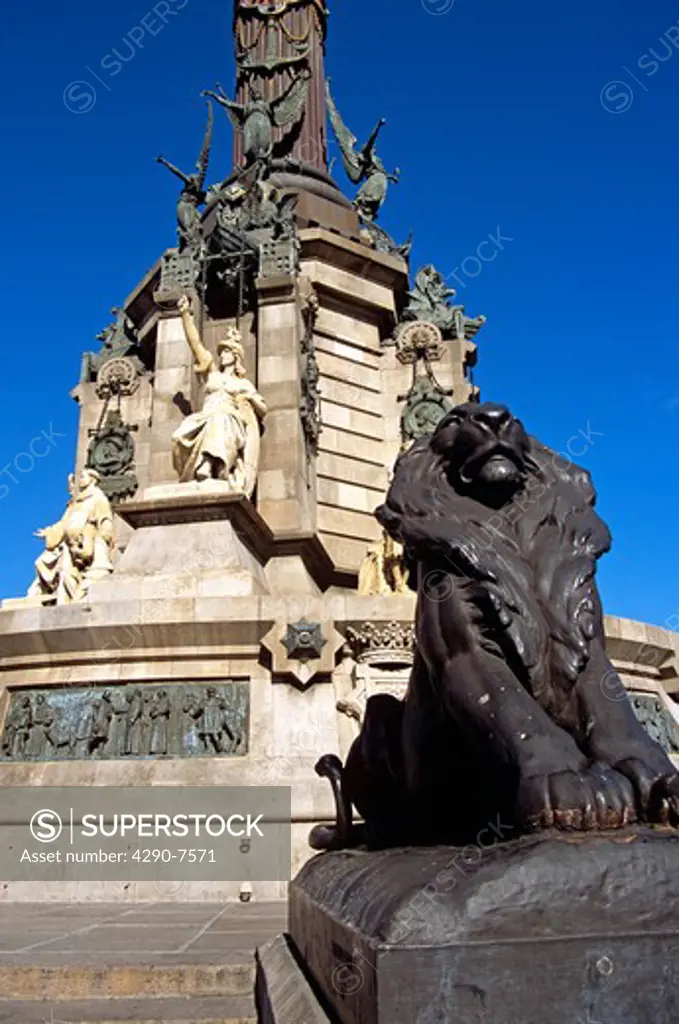 Monument a Colom, Christopher Columbus Monument, lion and statue detail, La Rambla, Barcelona, Spain