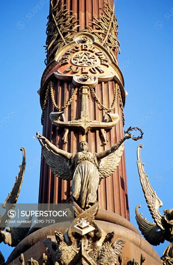 Monument a Colom, Christopher Columbus Monument, column detail, La Rambla, Barcelona, Spain