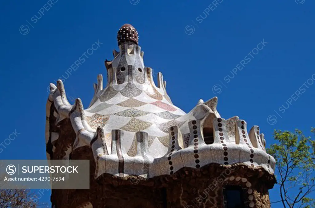 Ornate ceramic roof, inside entrance, Guell Park, Barcelona, Spain