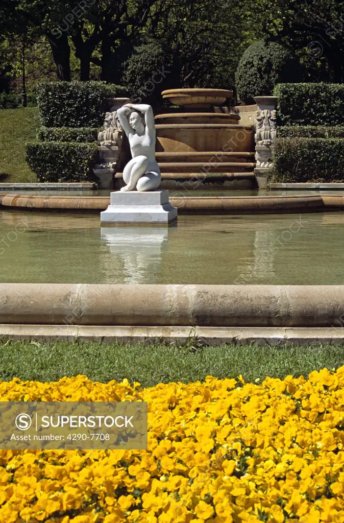 White nude statue, fountain, yellow flowers, Royal Palace of Pedralbes, Palau Reial de Pedralbes, Barcelona, Spain