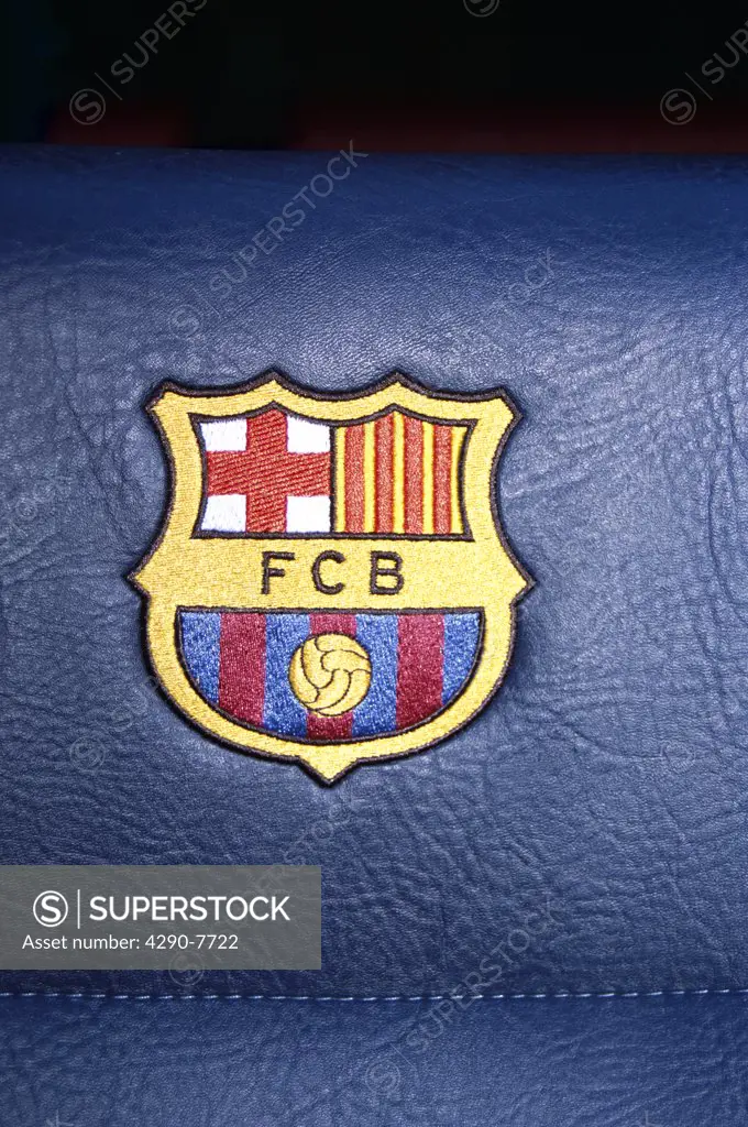 FCB Barcelona Football Club logo on Director's or Manager's chair, Nou Camp Stadium, Barcelona Football Club, Barcelona, Spain