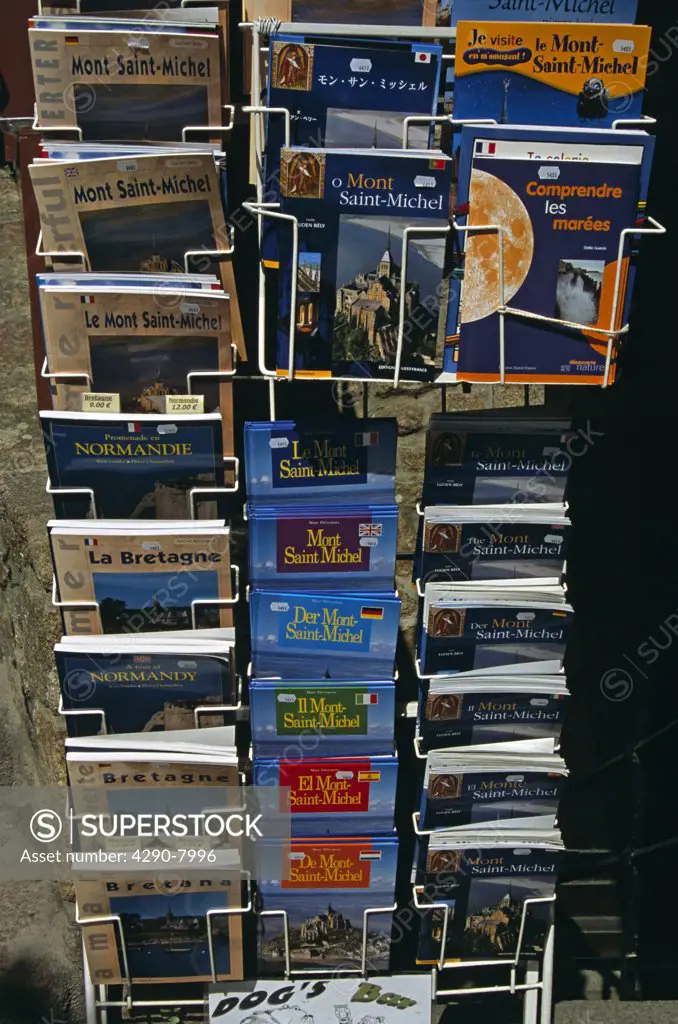 Display of books outside gift shop, Le Mont Saint Michel, Normandy, France