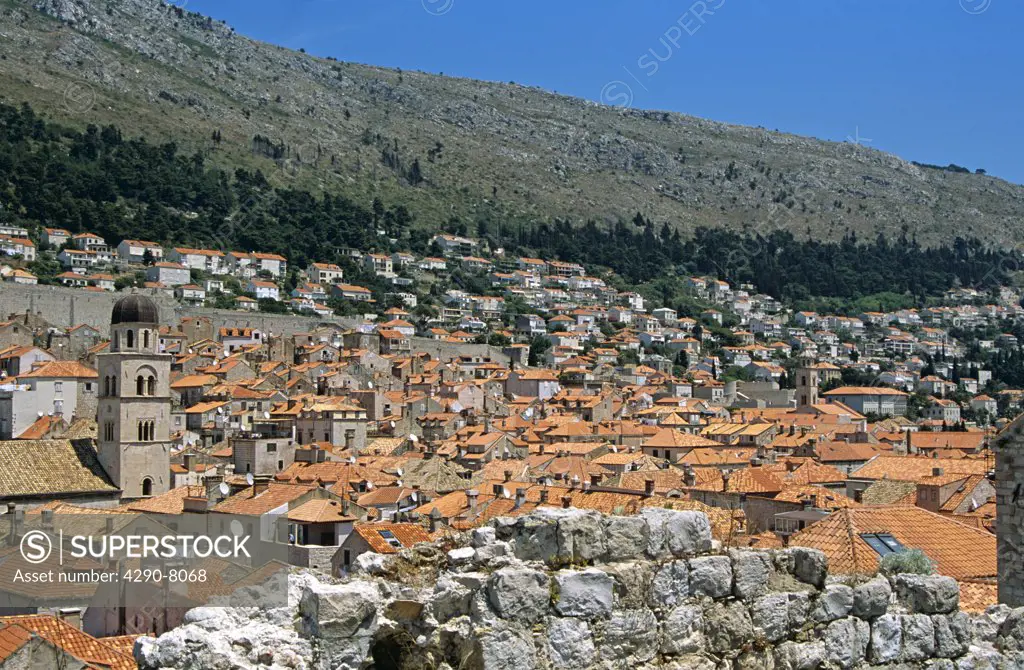Red rooftops and Franciscan Monastery taken from old city walls, Dubrovnik, Dalmatian Coast, Croatia, Former Yugoslavia