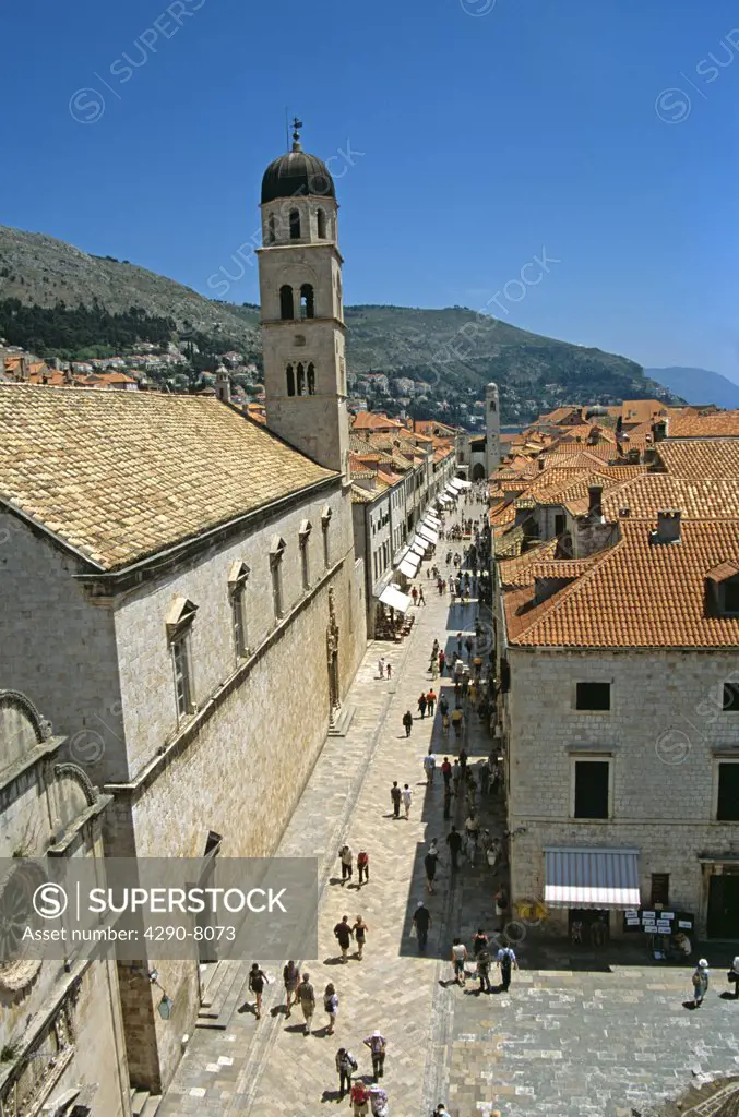 Franciscan Monastery, Stradun, bell tower at end of Stradun, red rooftops, Dubrovnik, Dalmatian Coast, Croatia, Former Yugoslavia