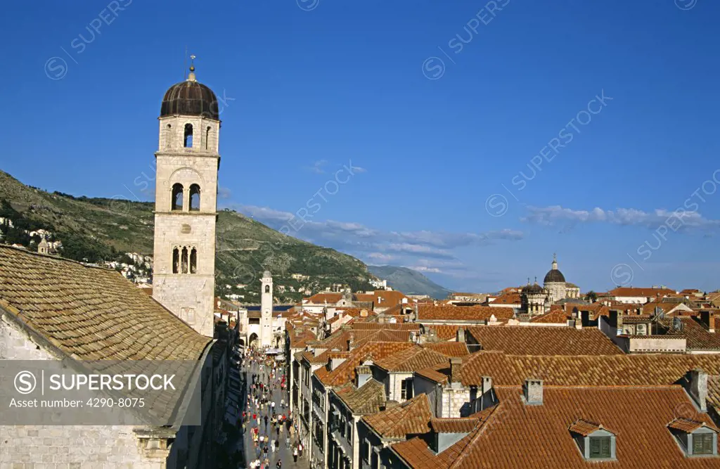 Franciscan Monastery, Stradun, bell tower at end of Stradun, red rooftops, Dubrovnik, Dalmatian Coast, Croatia, Former Yugoslavia