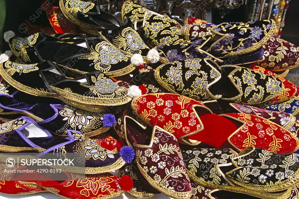 Colourful carpet slipper display outside gift shop, Mostar, Bosnia Herzegovina, Former Yugoslavia