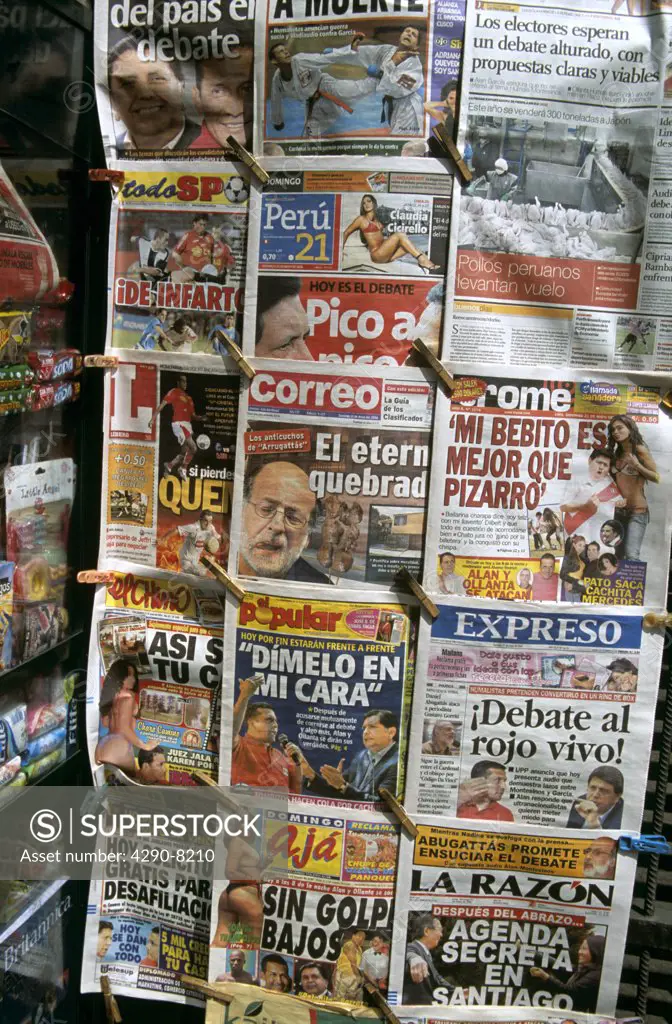Newspaper display on stall, near Plaza de Armas (Plaza Mayor), Lima, Peru