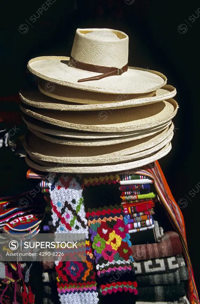 Hats for sale on stall, Indian Market, Lima, Peru