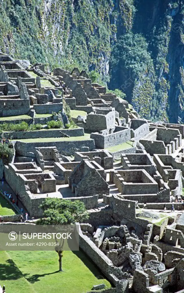 Looking down onto Inca ruins at base of Huayna Picchu, Machu Picchu, Peru