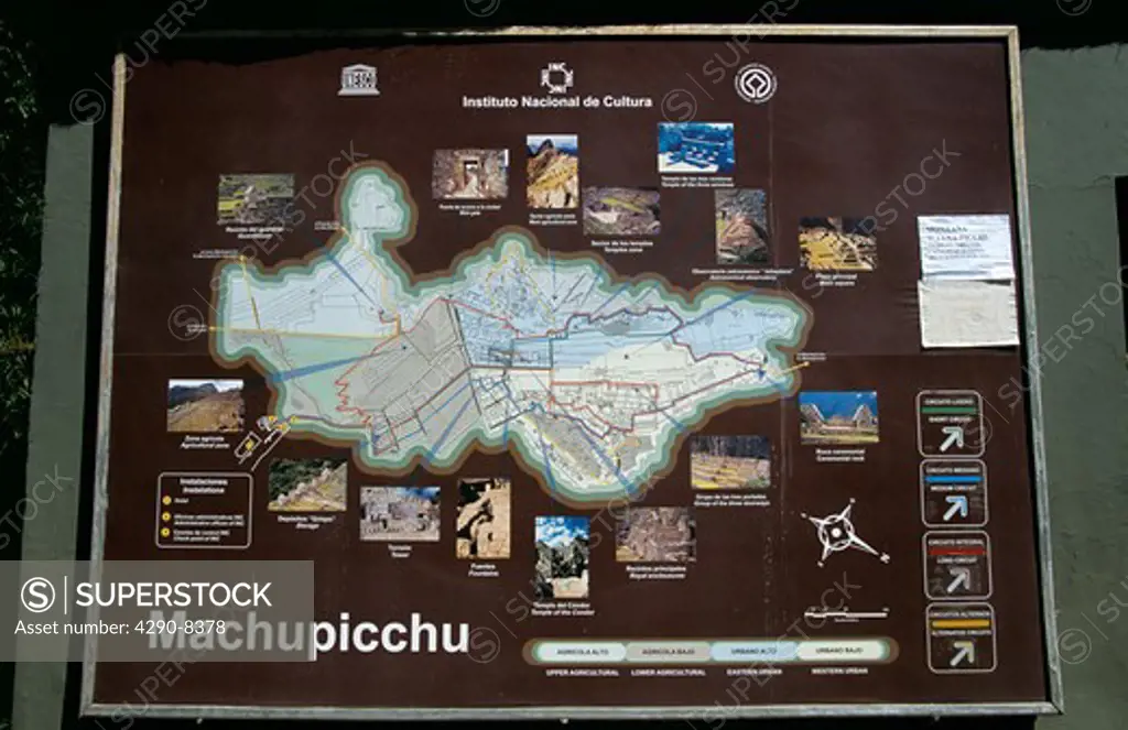 Machu Picchu map beside entrance, Machu Picchu, Peru