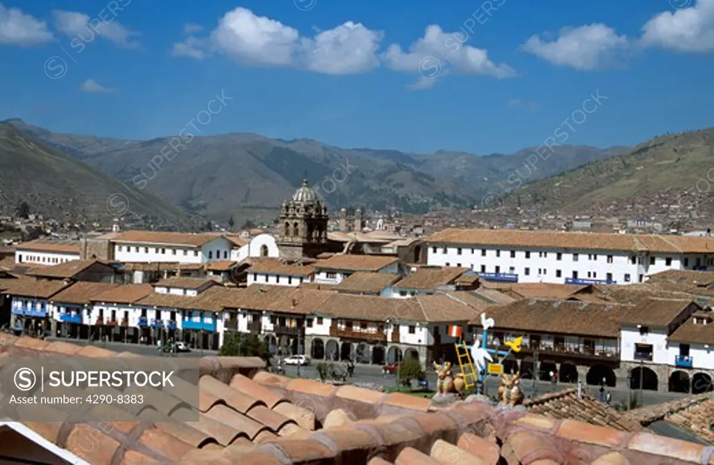 Looking across rooftops to Plaza de Armas, Cusco, Peru