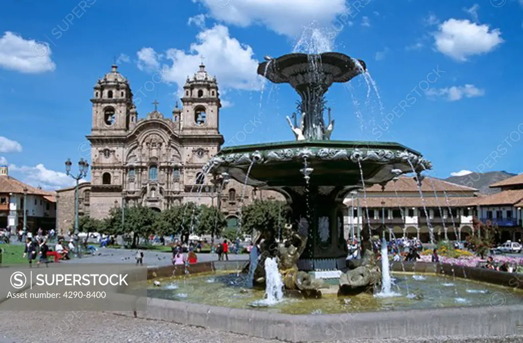 Iglesia La Compania de Jesus, and ornate fountain, Plaza de Armas, Cusco, Peru
