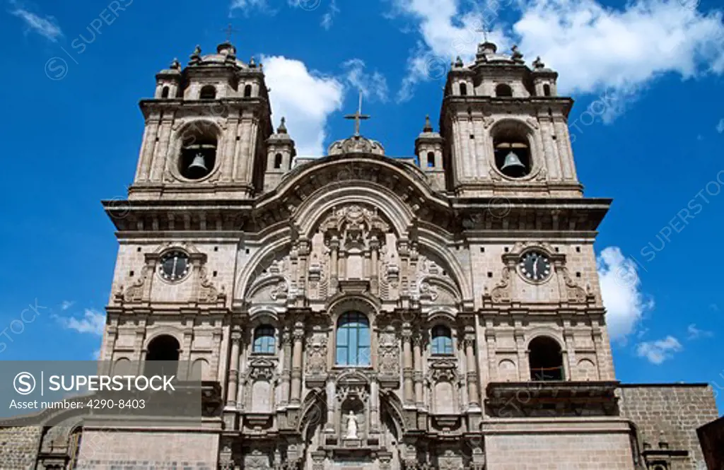 Ornate façade of Iglesia La Compania de Jesus, Plaza de Armas, Cusco, Peru
