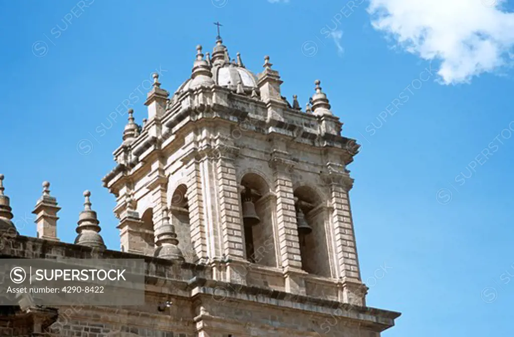 Cathedral bell tower, part of three church complex including El Triunfo and Iglesia Jesus y Maria, Plaza de Armas, Cusco, Peru