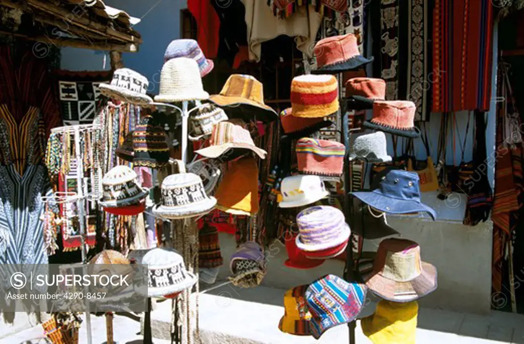 Hats on display for sale in Mercado del Quiswarcancha, Cusco, Peru