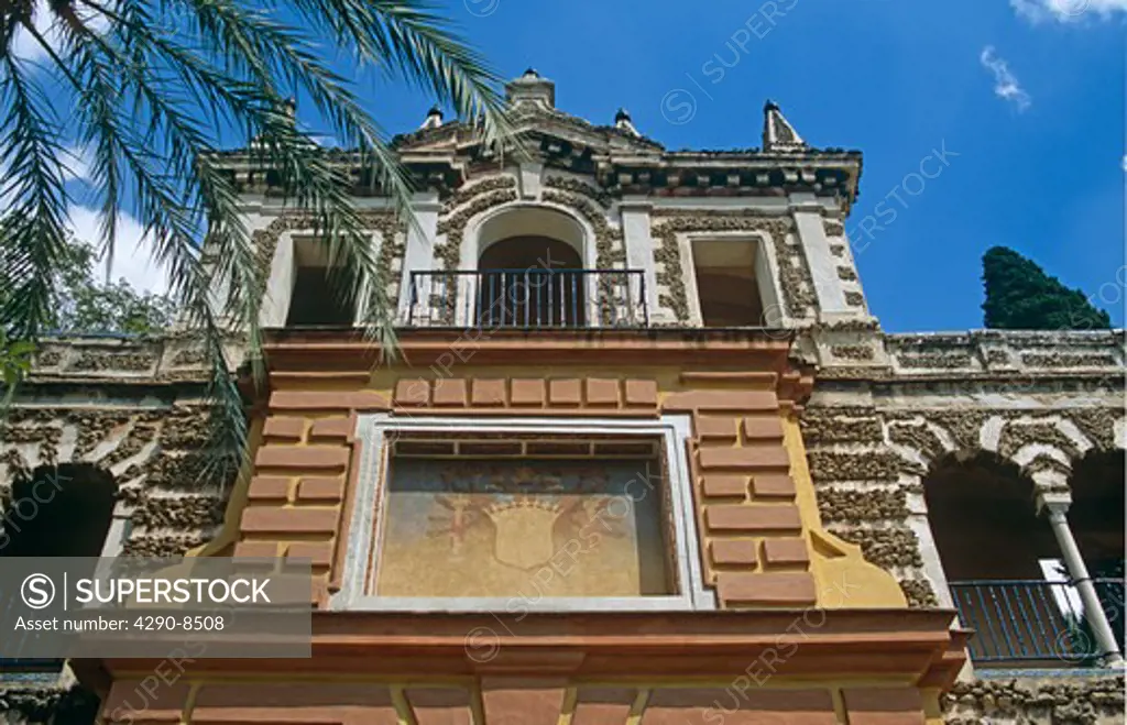 Top of Privilege Gate in Grotesque Gallery, Palace Gardens, Palacio Mudejar, Reales Alcazares, Seville, Spain