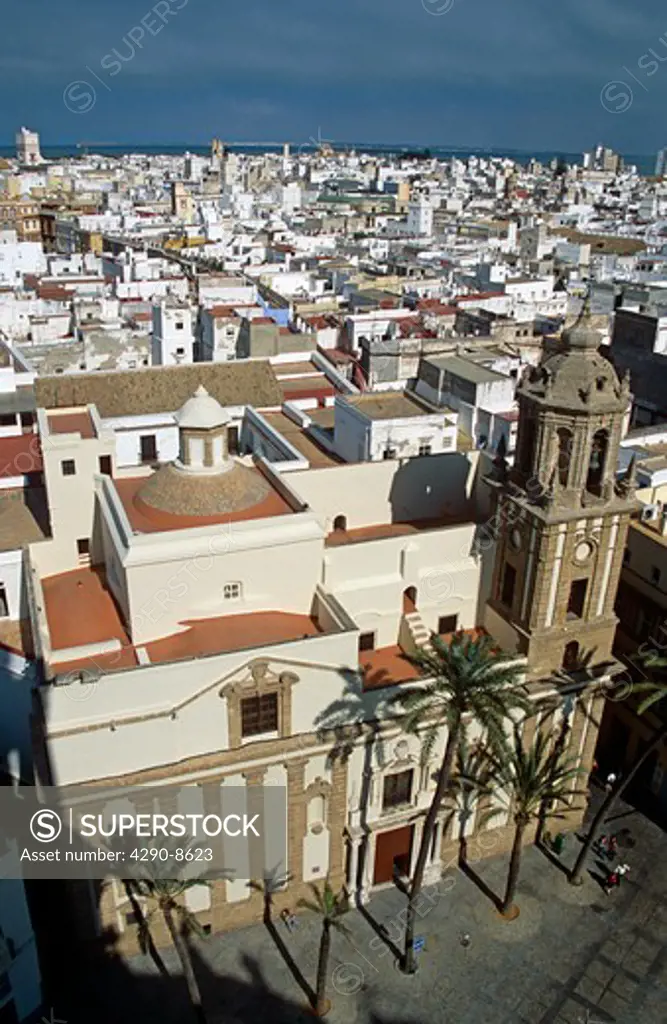 Santiago Church and a view of Cadiz city from Cadiz Cathedral, Plaza de la Catedral, Cadiz, Spain