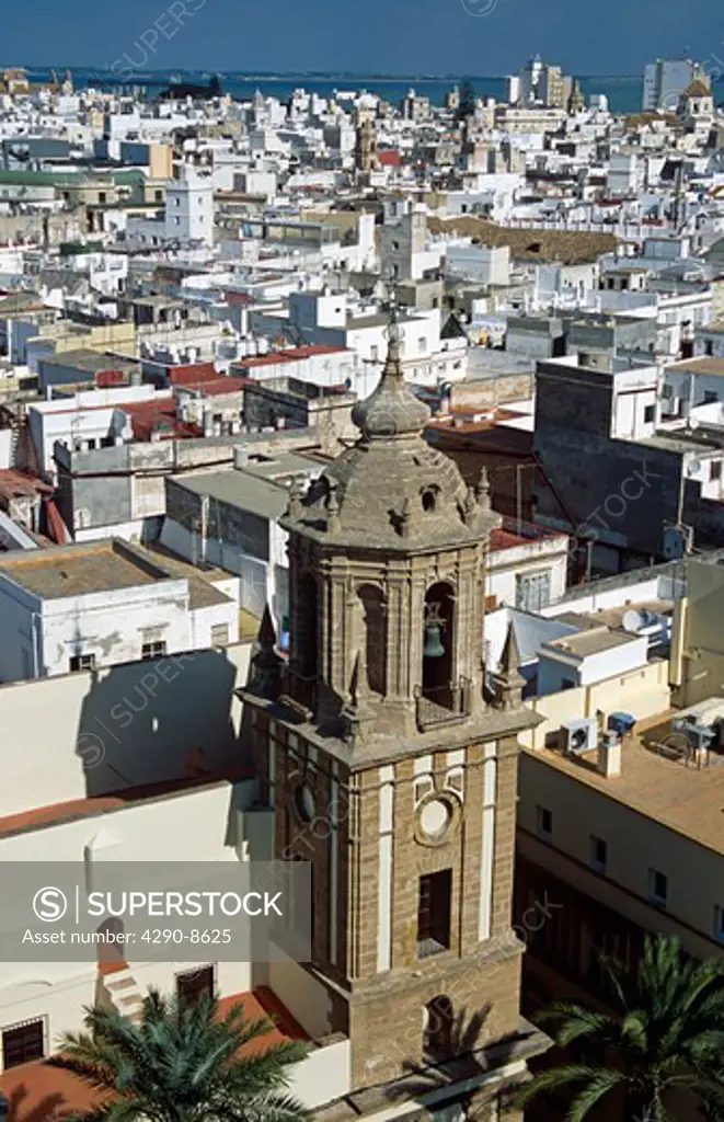 Bell tower, Santiago Church and a view of Cadiz city from Cadiz Cathedral, Plaza de la Catedral, Cadiz, Spain