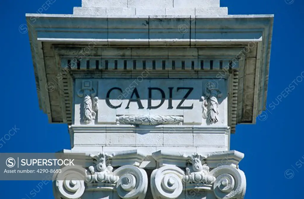 Part of Monument dedicated to Cortes of Cadiz of 1812, Cadiz Parliament, Plaza de Espana, Cadiz, Spain