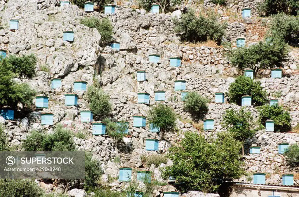 Blue beehives on side of cliff, Kefalonia, Greece