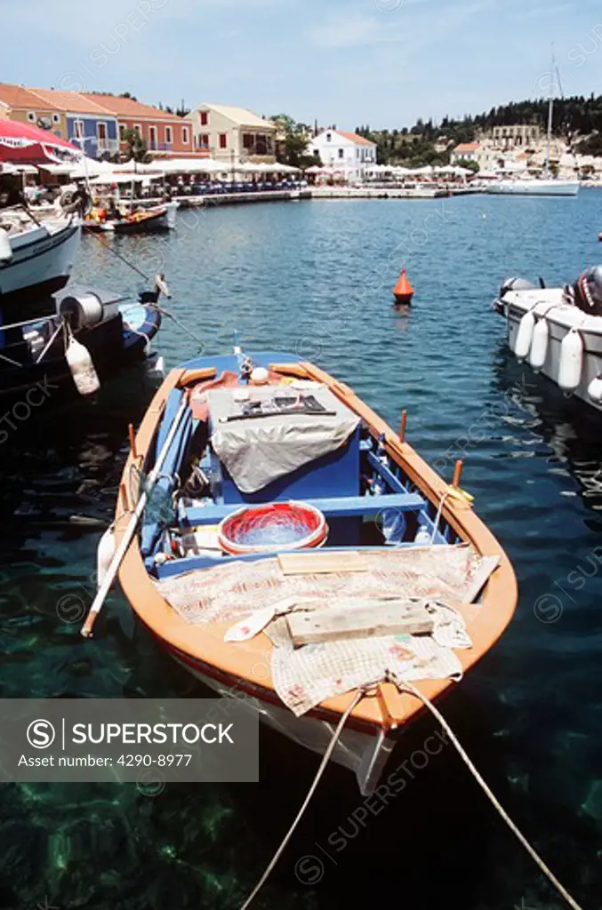 Old fishing boat moored in harbour, Fiskardo, Kefalonia, Greece