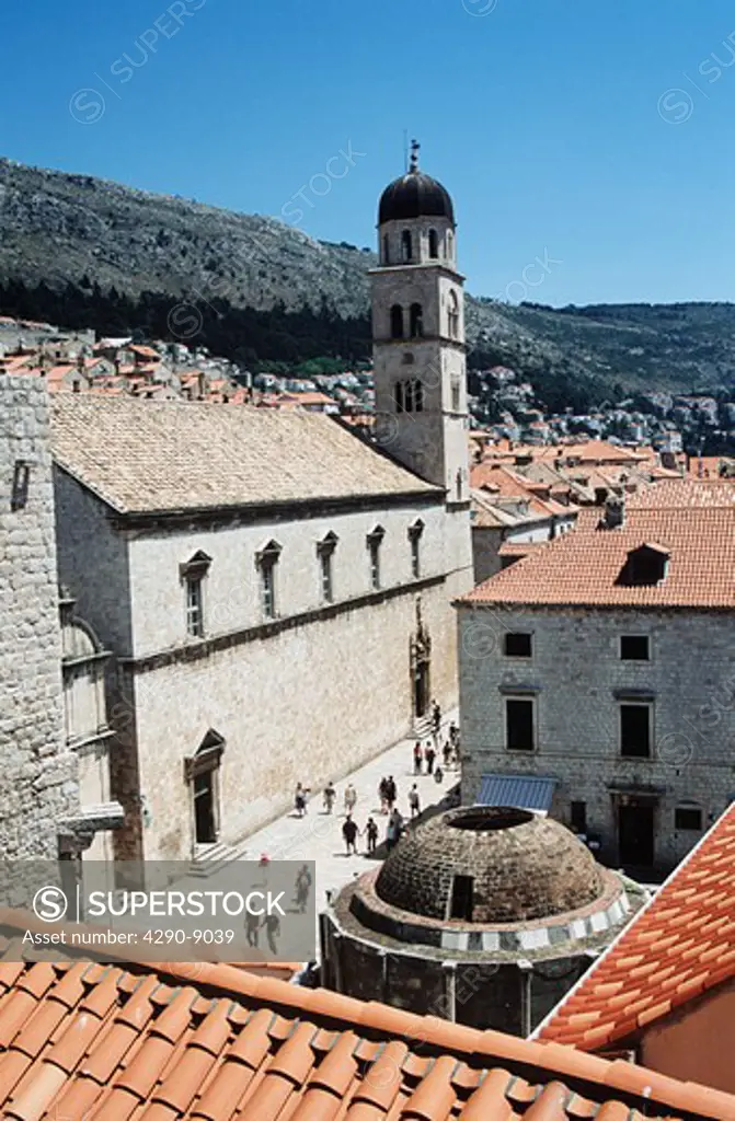 Onofrio's Large Fountain, Franciscan Monastery and red rooftops taken from old city walls, Dubrovnik, Croatia