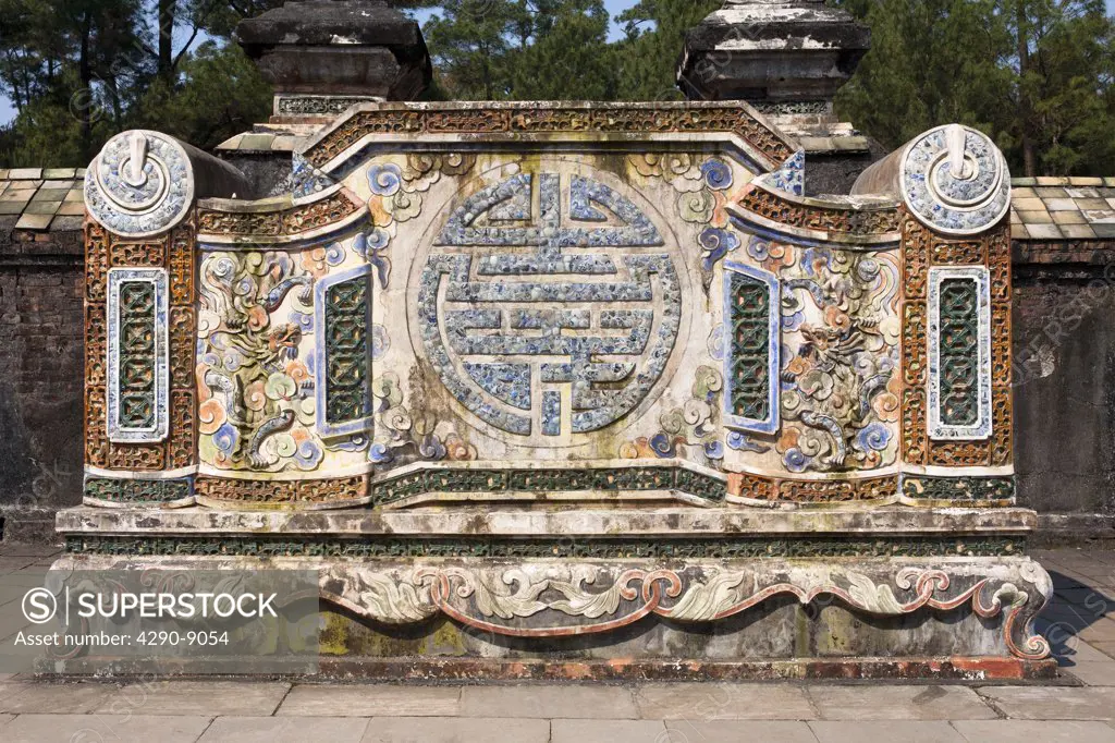 Vietnam, Hue, Tomb of Emperor Tu Duc, Ceramic mosaic on wall