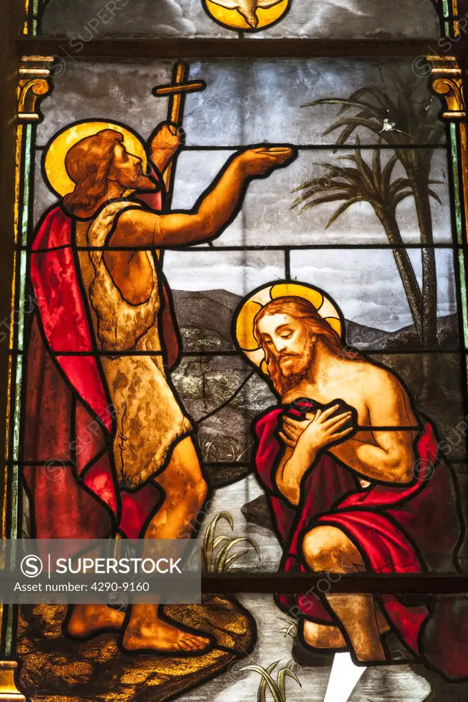 Vietnam, Saigon, Ho Chi Minh City, Notre Dame Cathedral, Baptism of Jesus by John the Baptist stained glass window