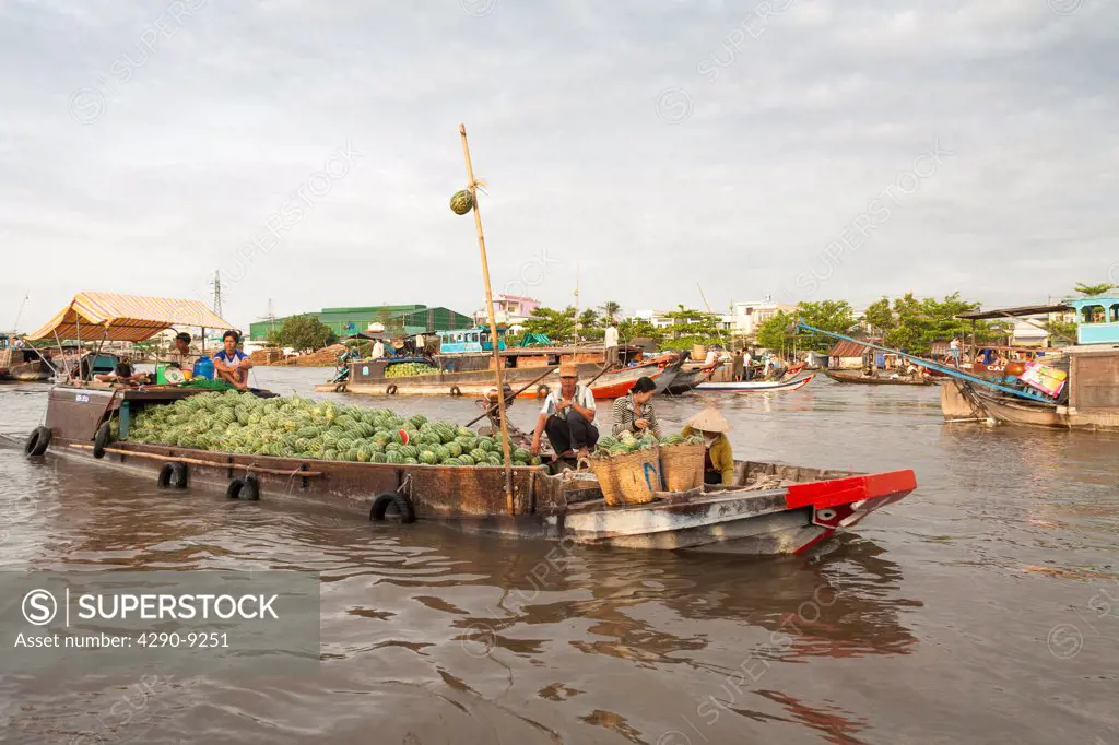 Vietnam, Mekong River Delta, Cai Rang, near Can Tho, boat laden with watermelons in floating market