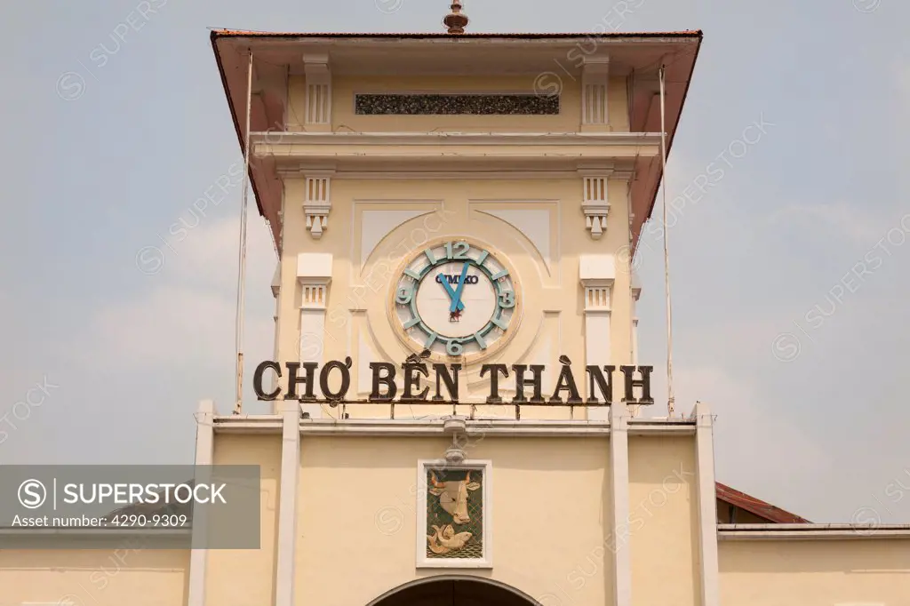 Vietnam, (Saigon), Ho Chi Minh City, Clock tower at entrance to Ben Thanh Market