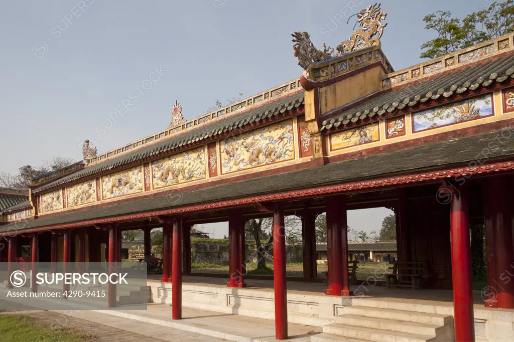 Vietnam, Hue, Ornate, decorative corridor leading to royal library in Imperial City,