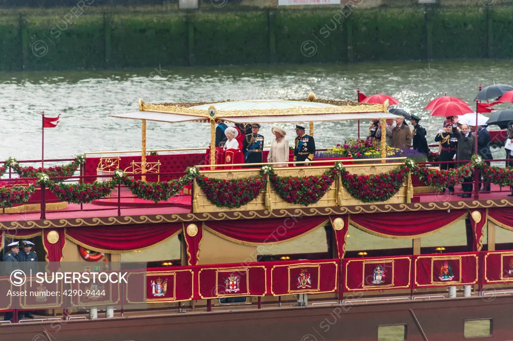 UK, England, London, Thames Diamond Jubilee Pageant, Queen Elizabeth II, Duke of Edinburgh (Prince Philip), Duchess of Cornwall and Prince of Wales, (Prince Charles) on Spirit of Chartwell on River Thames