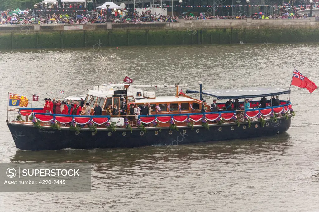 UK, England, London, Thames Diamond Jubilee Pageant, Royal boat with Duke of York (Prince Andrew) on River Thames