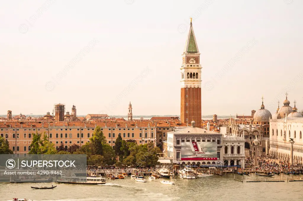 The Campanile, and Zecca, and boats on the Bacino di San Marco, Venice, Italy