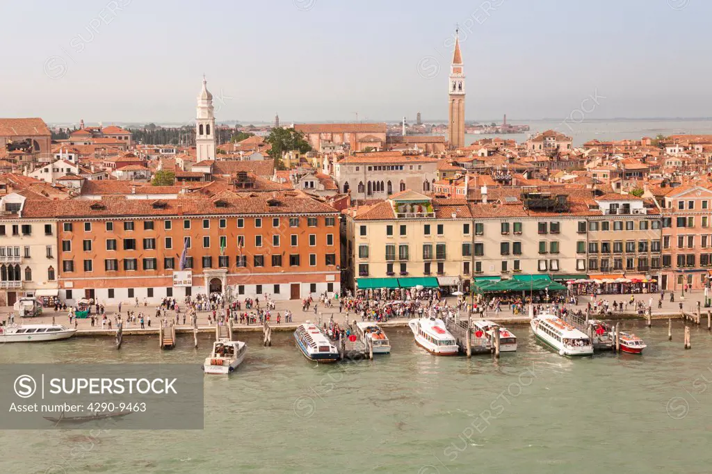 Panoramic view of buildings, rooftops, promenade and Canale di San Marco, Venice, Italy