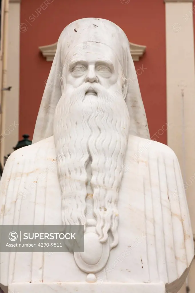 Statue outside Agia Theodora Mitropolis Orthodox Cathedral, Corfu, Greece