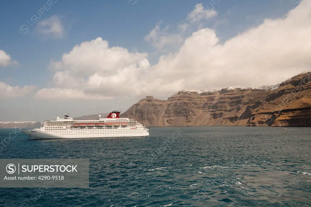 The Zenith cruise ship moored off the island of Santorini, Greece
