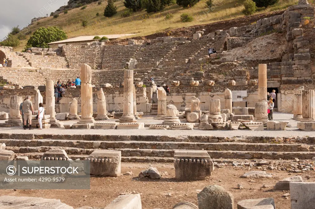 Tourists visiting the basilica in front of the Odeum Theatre, Ephesus, Turkey