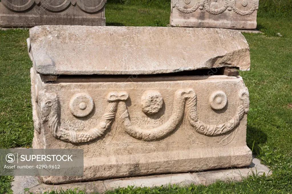 Carved stone sarcophagus exhibit, Ephesus, Turkey