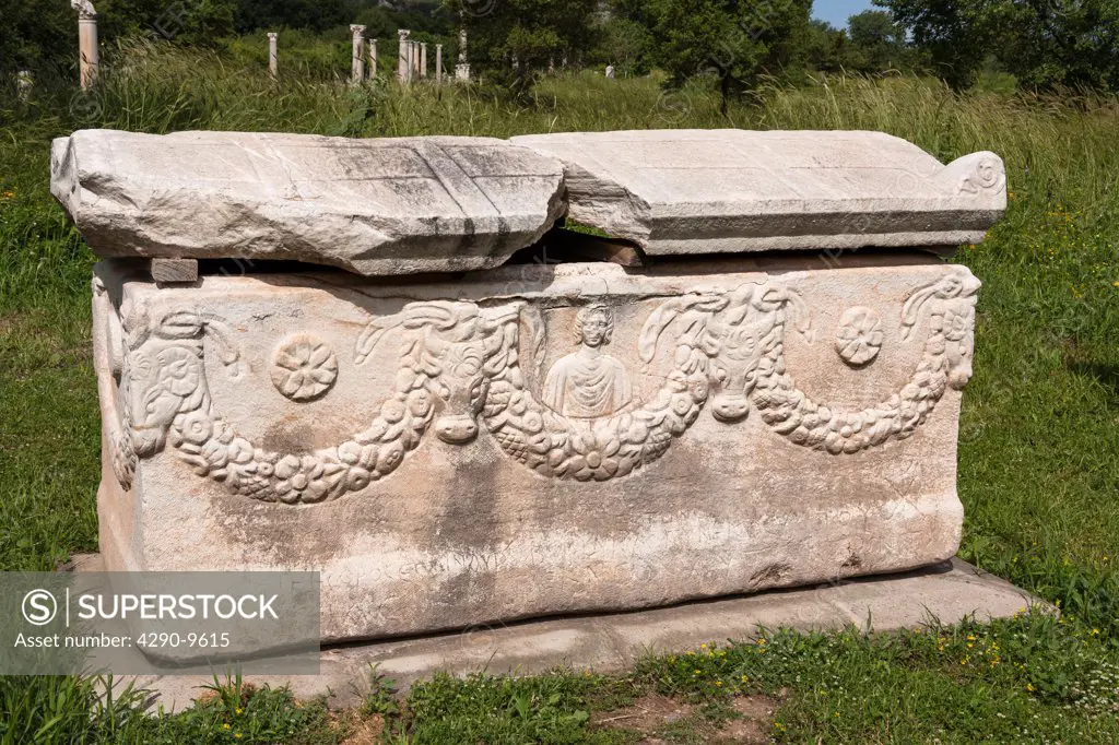 Carved stone sarcophagus exhibit, Ephesus, Turkey