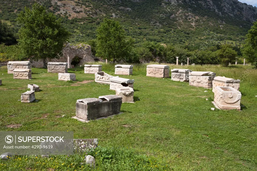 Carved stone sarcophagi exhibits, Ephesus, Turkey