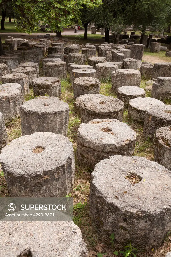 Sections of several historic columns, Olympia, Greece