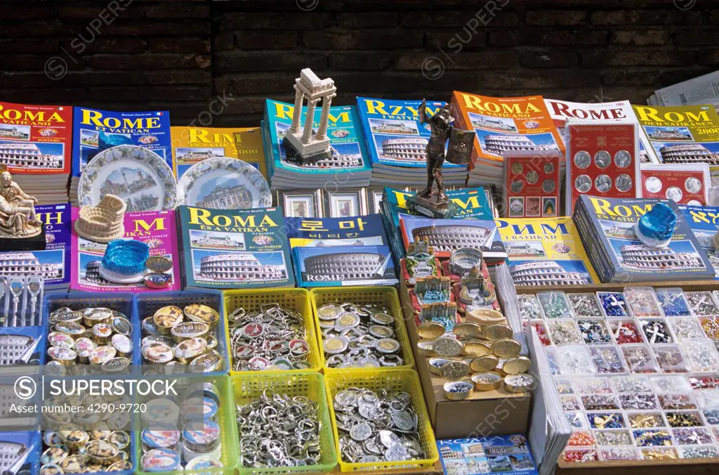 Rome guide books and souvenirs on display outside a shop, Rome, Italy