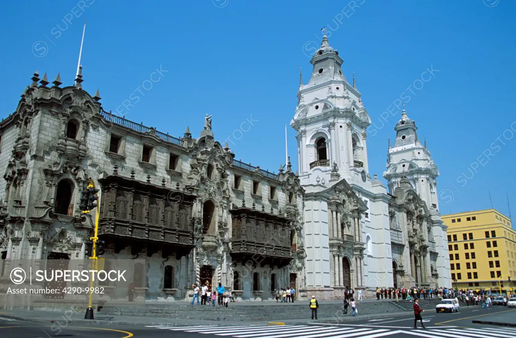 Archbishops Palace and Cathedral, Plaza de Armas, (Plaza Mayor), Lima, Peru