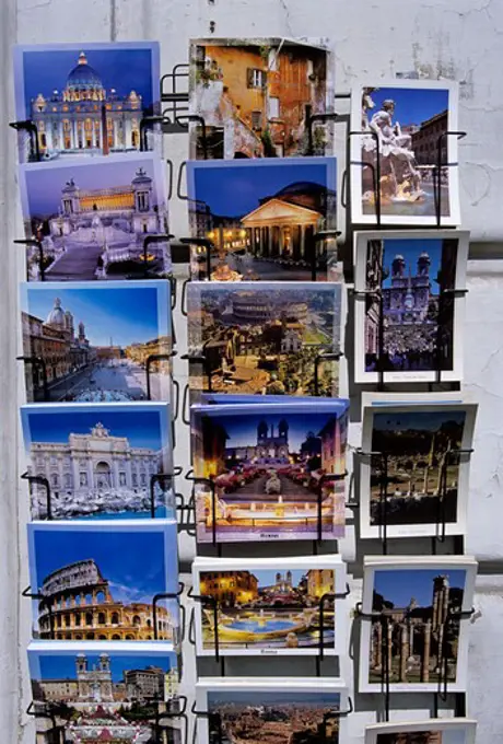 Rome postcards on display outside a shop, Rome, Italy