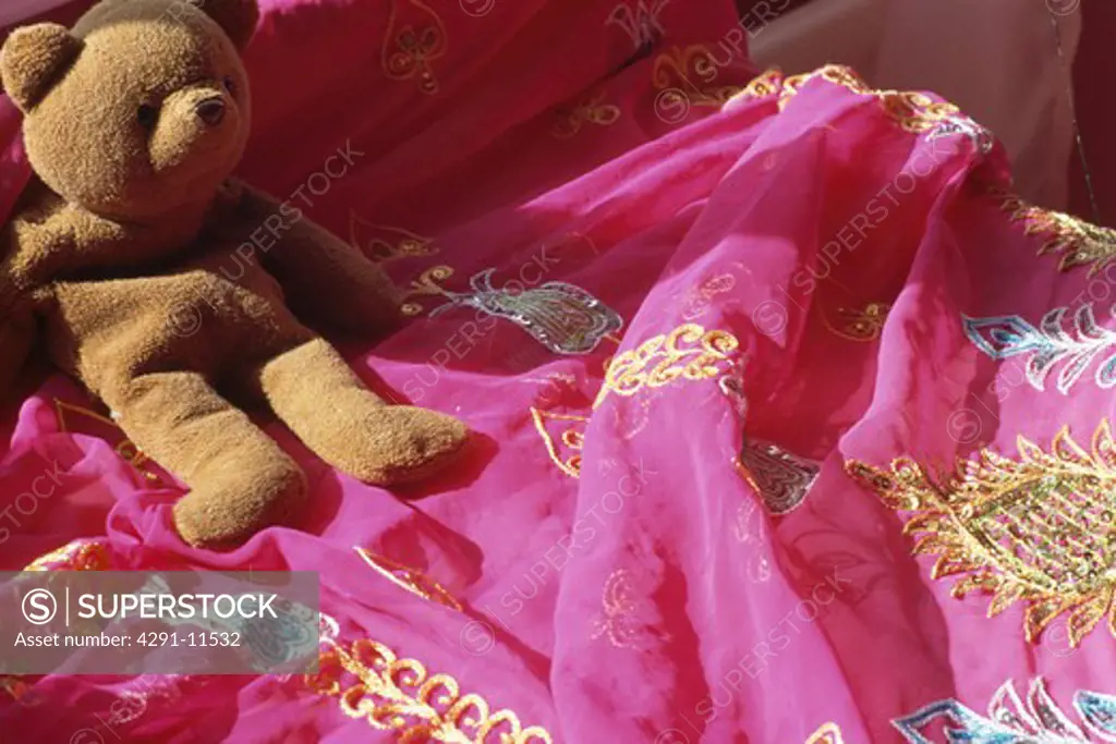 Close-up of teddybear on embroidered pink Indian bedcover