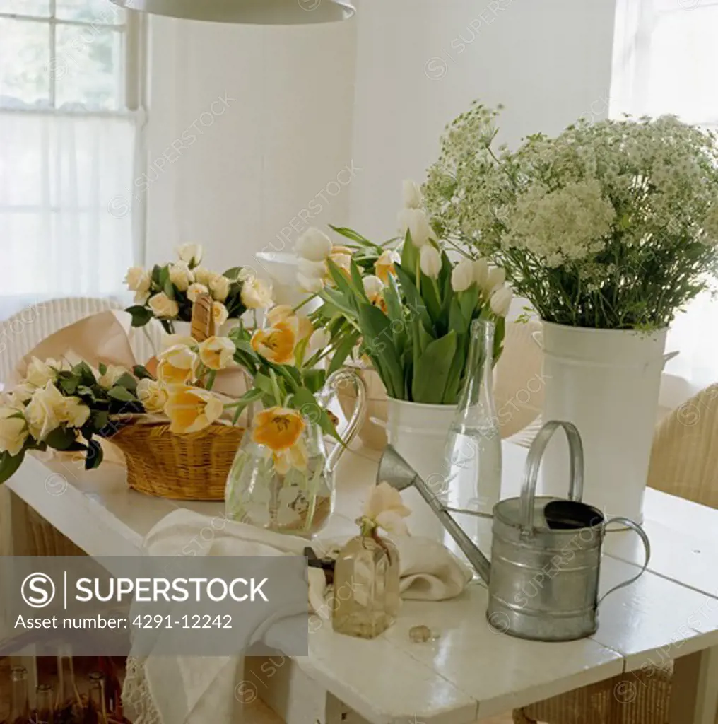 Spring flowers in white jugs on white dining table