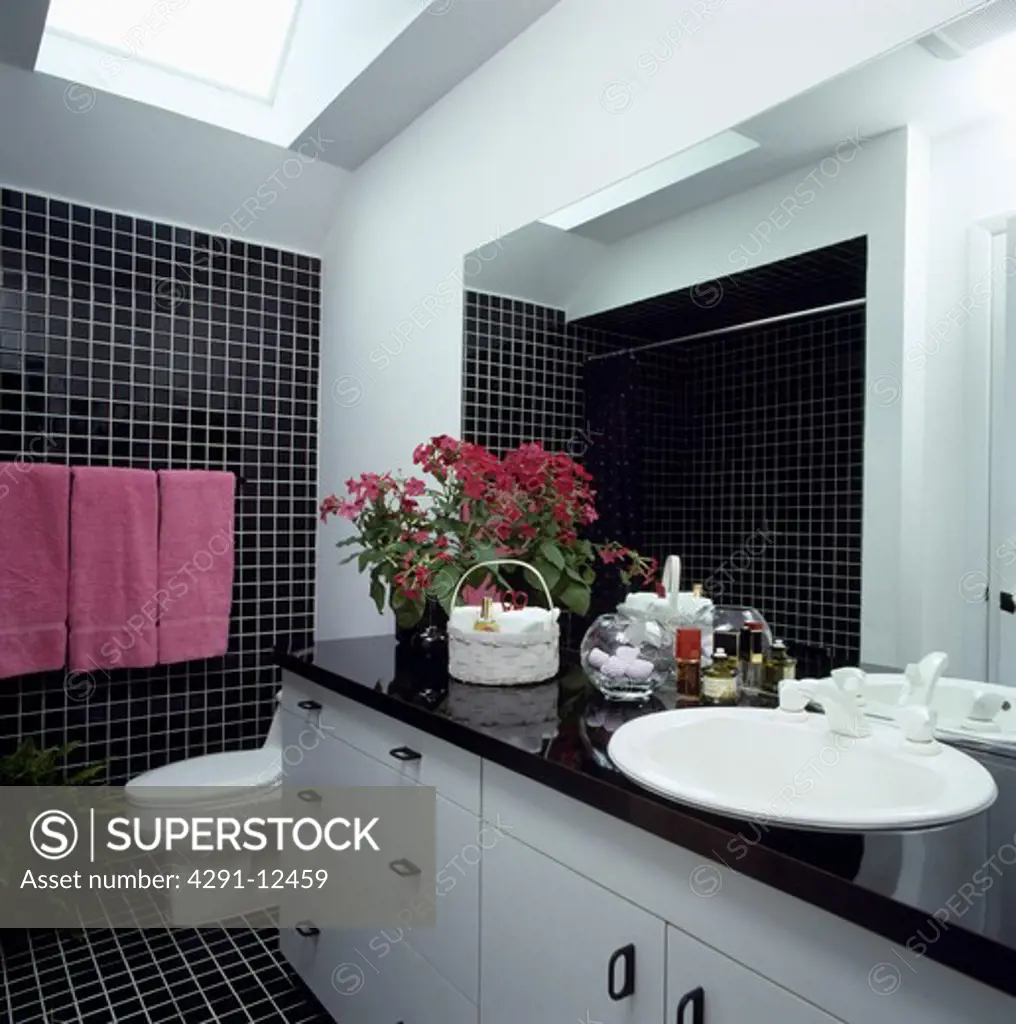 Black and white tiled bathroom with pink towels and a skylight