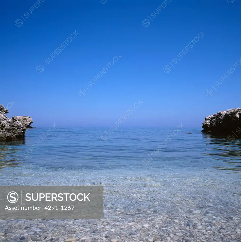Bright blue sky above sea in small bay in Kefalonia island in Greece